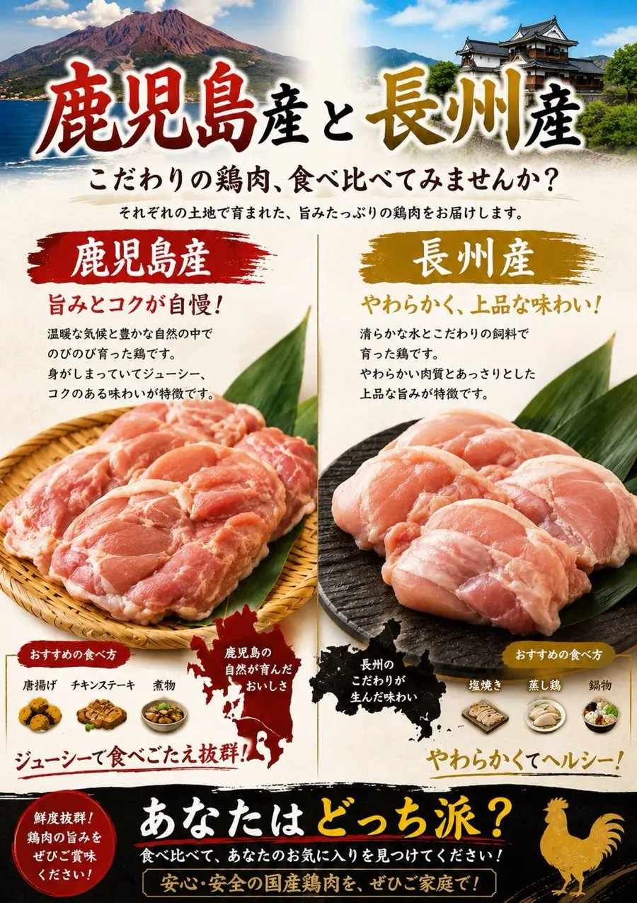 鹿児島産と長州産の鶏肉の食べ比べのご案内。鹿児島産は旨みとコクが自慢でジューシー、長州産はやわらかく上品な味わい。